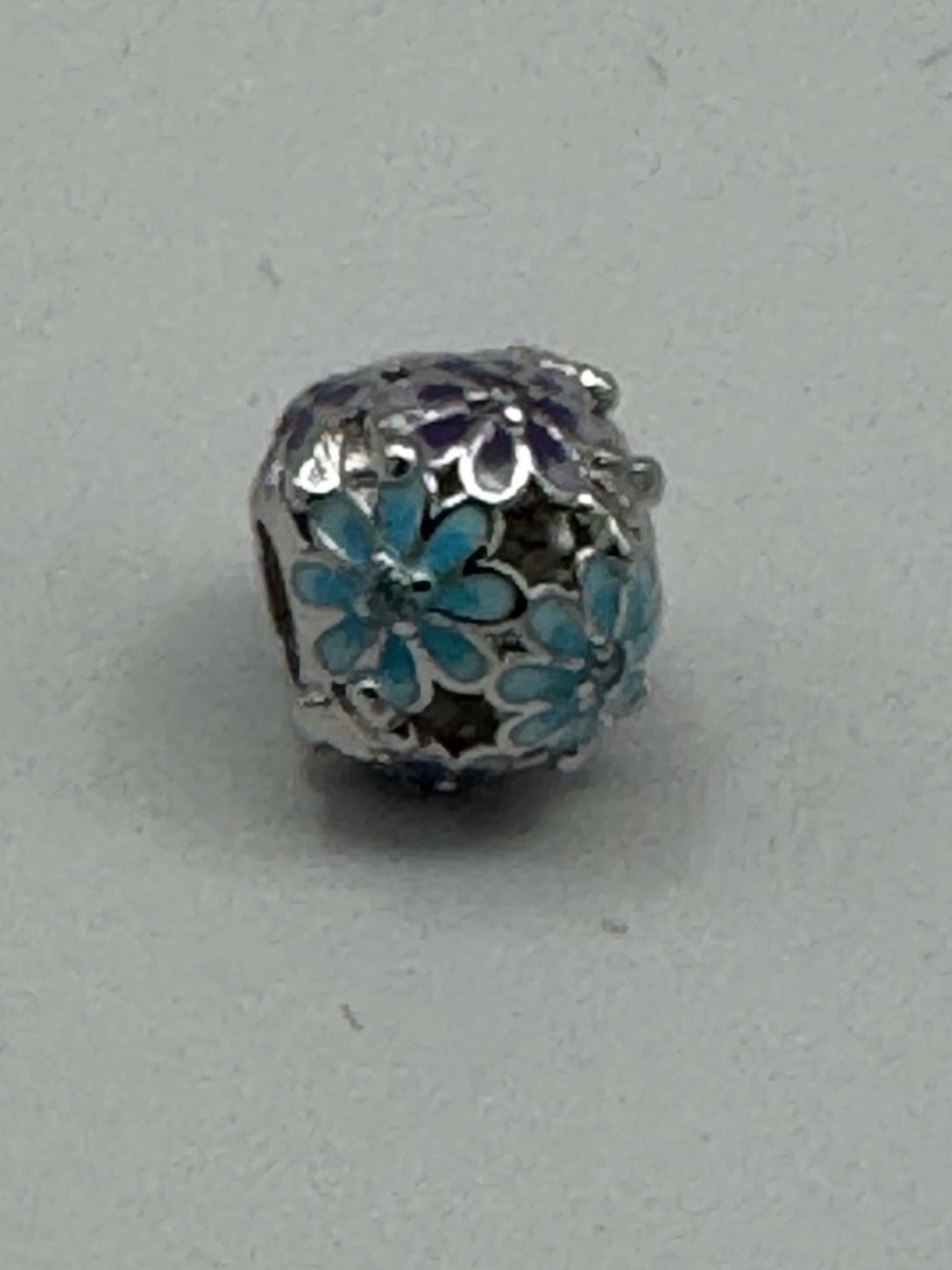 Sterling Silver Floral Charm Bead for Pandora Bracelets with Blue Flowers